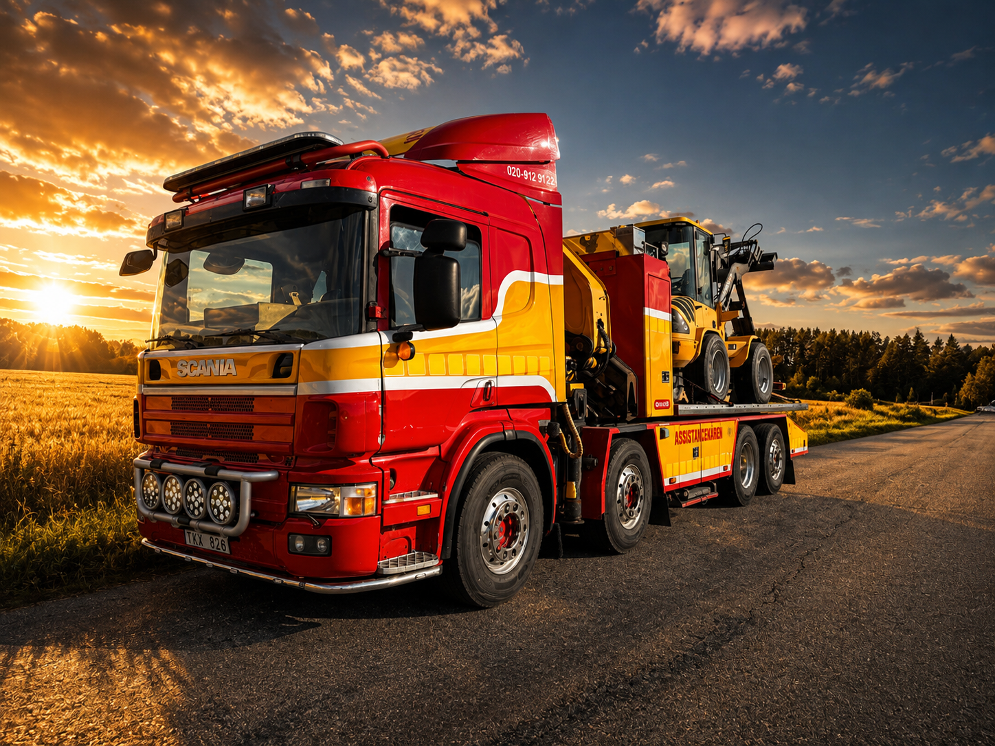 Scania kranbil med lastad hjullastare vid solnedgång, tungbärgning i Söderhamn